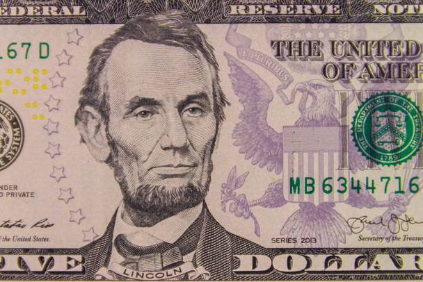 Macro shot of the five dollars banknote - Photo, Image