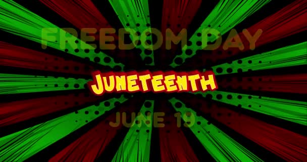 4k animált Juneteenth rajzfilm szöveg. Ünnepelni szabadság vagy emancipáció napján színes képregény beszéd buborék háttér. Afrikai-amerikai történelem és örökség. Éves amerikai ünnep, június 19-én ünneplik. - Felvétel, videó