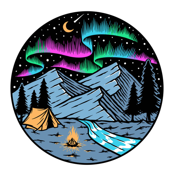 山やオーロラのイラストでキャンプ - ベクター画像