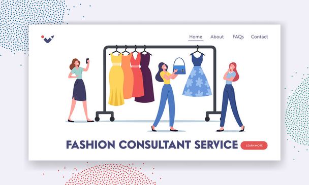 Personal Fashion Stylist Service Landing Page malli. Nainen chattailu vaatekaappi Consultant Online kautta Smartphone - Vektori, kuva