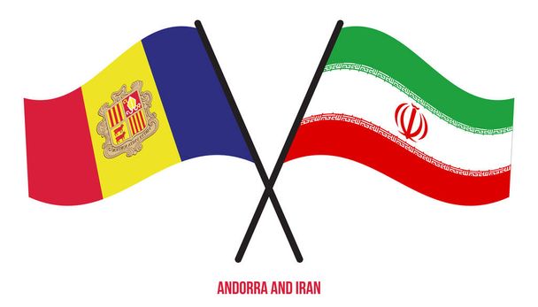 Andorra e Irán banderas cruzadas y ondeando estilo plano. Proporción oficial. Colores correctos. - Vector, imagen