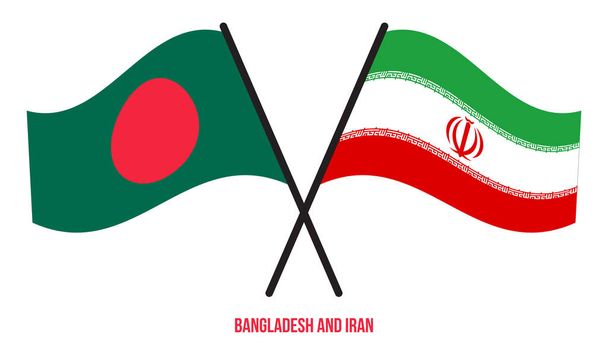 Bangladesh e Irán banderas cruzadas y ondeando estilo plano. Proporción oficial. Colores correctos. - Vector, imagen