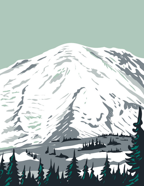WPA Plakát Art of Emmons Ledovec na severovýchodním křídle Mount Rainier se nachází v Mount Rainier National Park ve státě Washington se provádí ve stylu správy projektů prací nebo federální umělecký projekt. - Vektor, obrázek