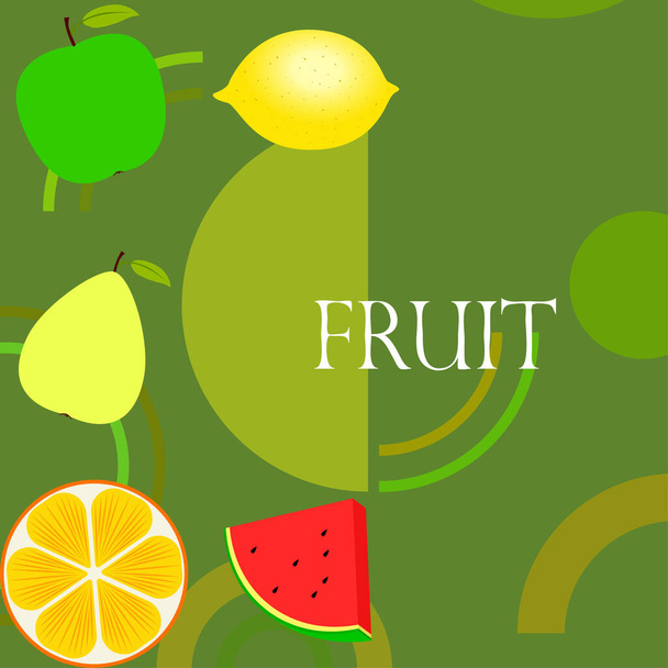 Fruits and berries. Colorful cartoon fruit icons: orange, pear, apple, lemon, watermelon. Vector background. - Vector, afbeelding