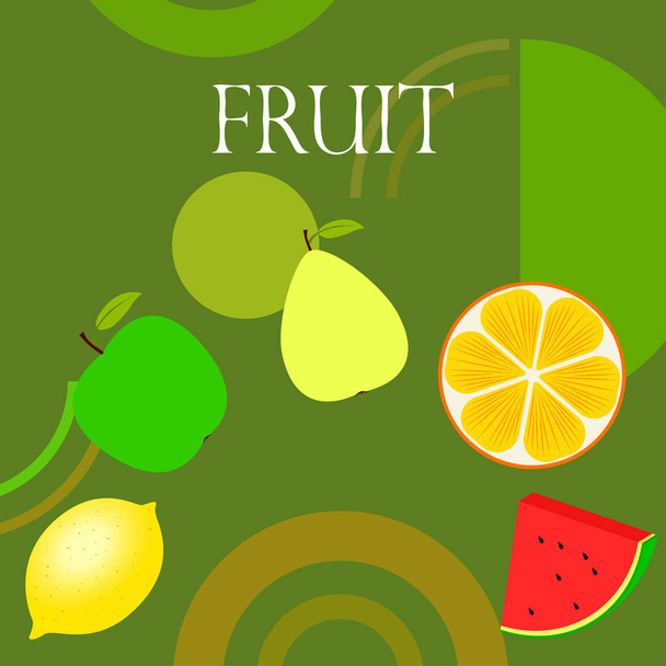 Fruits and berries. Colorful cartoon fruit icons: orange, pear, apple, lemon, watermelon. Vector background. - Vektor, kép