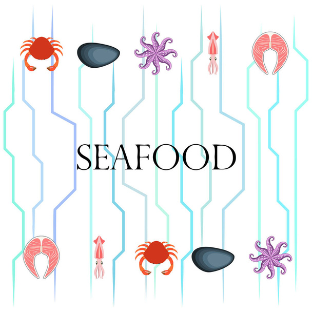 Squid, mussels, crab, fish, octopus. Fresh seafood. Vector backgroung. Restaurant design. - Vektor, Bild