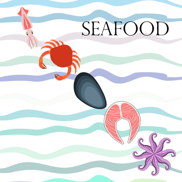 Squid, mussels, crab, fish, octopus. Fresh seafood. Vector backgroung. Restaurant design. - Vektor, Bild