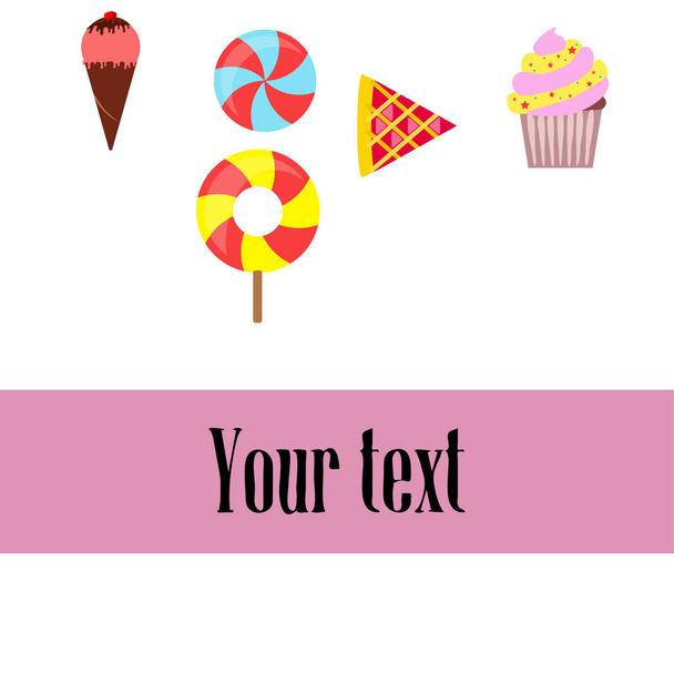Sweets and pie icons. Candies chocolate and ice cream food vector colored flat pictures. - Διάνυσμα, εικόνα