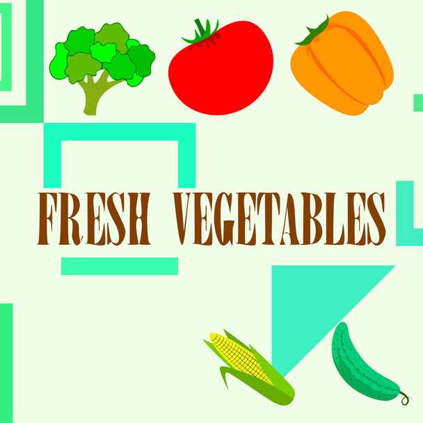 Corn, tomato, pepper, cucumber, broccoli. Organic food poster. Farmer market design. Vector background. - ベクター画像