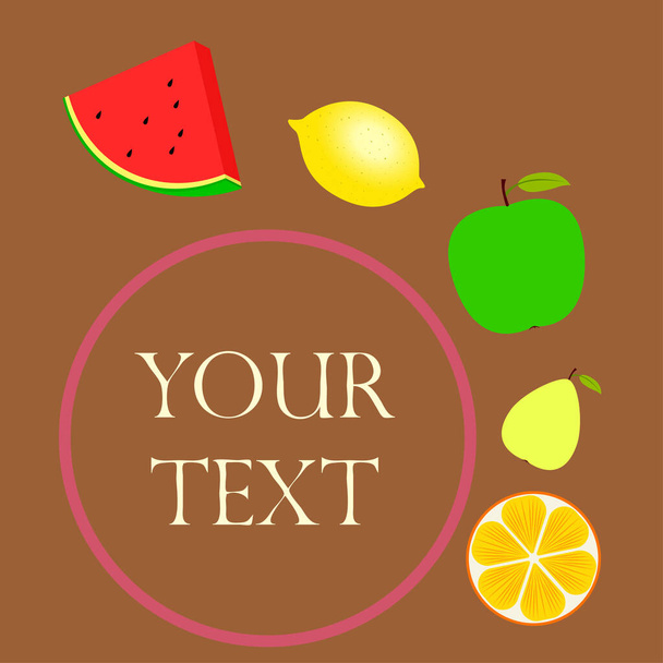 Fruits and berries. Colorful cartoon fruit icons: orange, pear, apple, lemon, watermelon. Vector background. - Vector, Imagen