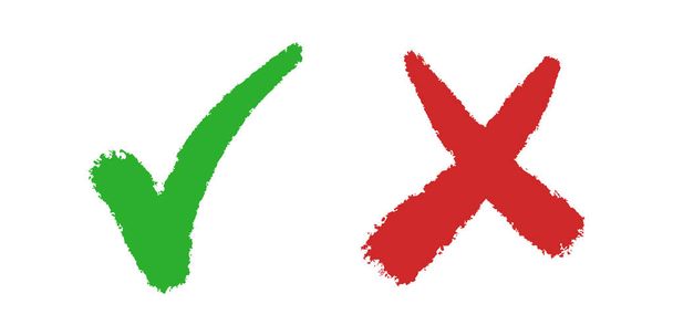 Jó és rossz ikon. kézzel rajzolt zöld ellenőrző jel és vörös kereszt elszigetelt fehér hátter.Vektor illusztráció. - Vektor, kép
