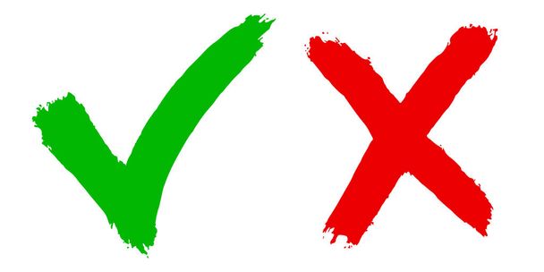 Icona giusta e sbagliata. disegnato a mano di segno di spunta verde e croce rossa isolato su sfondo bianco. illustrazione vettoriale. - Vettoriali, immagini