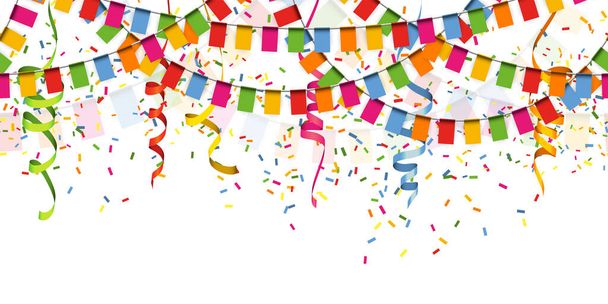 EPS 10 ilustracja wektorowa bezszwowe kolorowe szczęśliwe girlandy, konfetti i serpentyny na białym tle do karnawałowego lub urodziny szablonu użytkowania - Wektor, obraz
