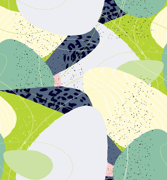 Abstract vector seamless pattern. Organic grunge textured overlapping wavy shapes and lines. Scribbled hand drawn pastel colored background. Striped dotted leaf forms. Flat textile swatch.  - Διάνυσμα, εικόνα