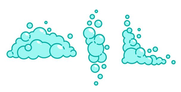 Set di schiuma di sapone cartone animato con bolle. Suds azzurro di bagno, shampoo, rasatura, mousse. Illustrazione vettoriale - Vettoriali, immagini