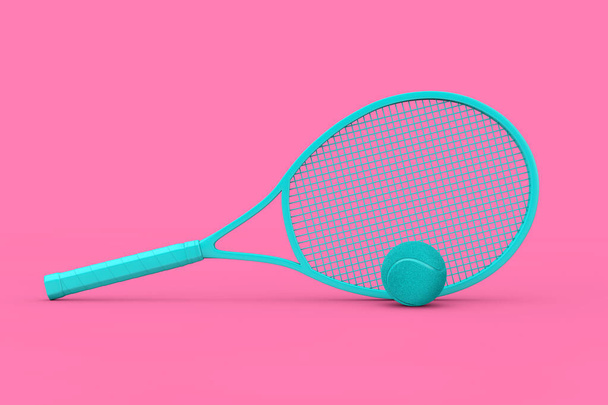 Niebieski rakieta tenisowa z piłką w stylu duotone na różowym tle. 3d Renderowanie - Zdjęcie, obraz