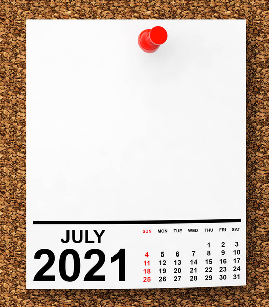 Calendario Julio 2021 en Blank Note Paper con espacio libre para su texto. Renderizado 3d - Foto, imagen