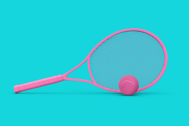 Różowy rakietka tenisowa z piłką w stylu duotone na niebieskim tle. 3d Renderowanie - Zdjęcie, obraz