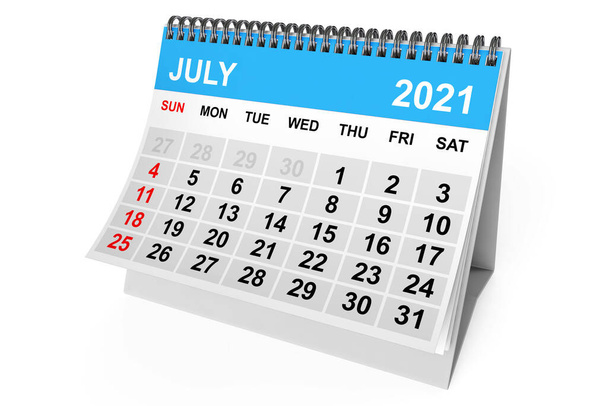 2021 Rok Červenec Kalendář na bílém pozadí. 3D vykreslování - Fotografie, Obrázek