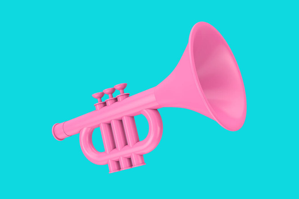 Mavi arka planda Duotone Tarzı Pembe Oyuncak Çocuğun Trompeti. 3d Hazırlama - Fotoğraf, Görsel