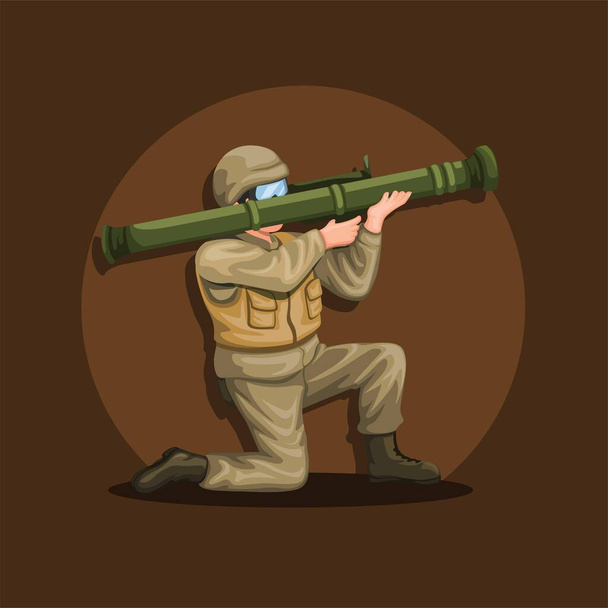 Katona guggolva tartja a páncéltörő rakétavetőt. katonai csapatok karakter koncepció rajzfilm illusztráció vektor - Vektor, kép