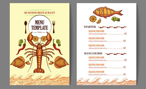 θαλασσινό φαγητό εστιατόριο καφέ μενού πρότυπο σχεδιασμό. φυλλάδιο μενού τροφίμων, ζωγραφισμένο στο χέρι σχέδιο εικονογράφησης - Διάνυσμα, εικόνα