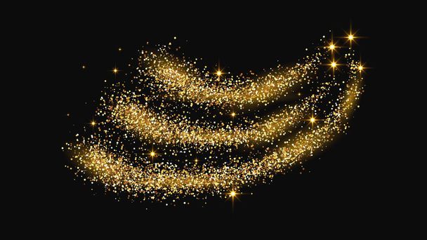 Kullanhohtoinen konfettiaalto ja tähtipöly. Kultainen maaginen kimallus tummalla taustalla. Vektoriesimerkki - Vektori, kuva