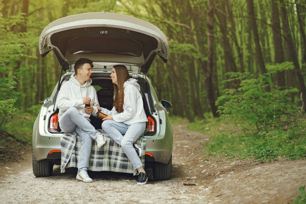 Couple in a forest sitting in a trunk - Фото, изображение