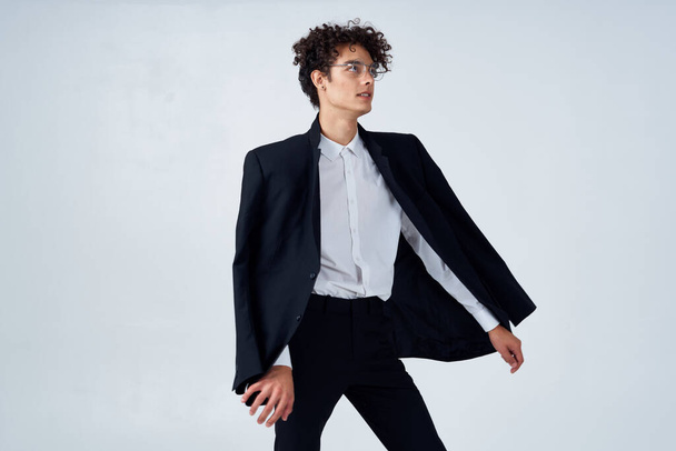 business man curly hair black jacket emotions Studio - Photo, Image