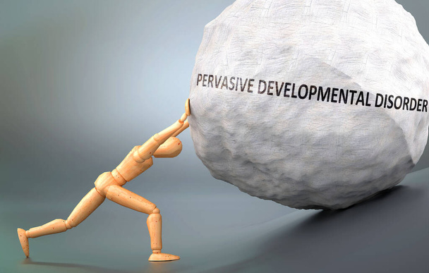 Pervasive developmental disorder and human condition, pictured as a human figure pushing weight to show how hard it can be to deal with Pervasive developmental disorder, 3d illustration - Photo, Image