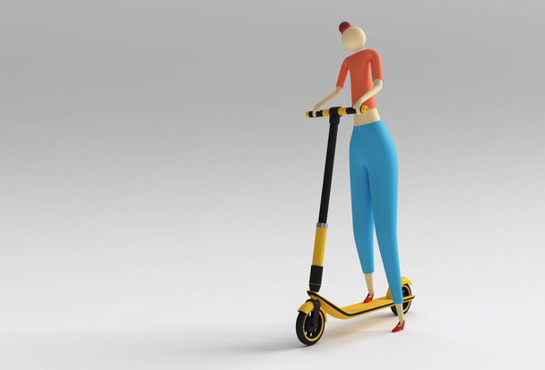 3D Render Cartoon Woman Montar una vespa de empuje Ilustración de diseño de arte 3D. - Foto, imagen