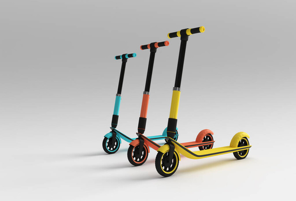 3D Render käsite Single Push Scooter lapsille 3D Art Design kuvitus. - Valokuva, kuva