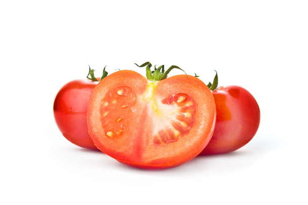Fresh red Tomato and half slice on white background - Фото, изображение