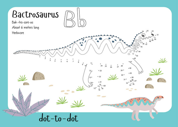 Dinozor, isim, gerçekler ve alfabe harfleriyle nokta nokta çalışma tablosu. Çocuk bilmecesi. Çocuklar için boyama sayfası. Aktivite sanatı oyunu. Vektör çizimi. Kartları a-z dinozor B. Bactrosaurus 'a ayarla. - Vektör, Görsel