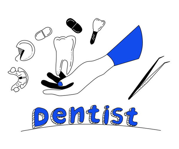Dentistry service poster in doodle style.Oral cavity care.Brushing and cleaning teeth with special instruments.Hand drawn illustration.Bite correction with retainer,examination and treatment. - Vector, Image