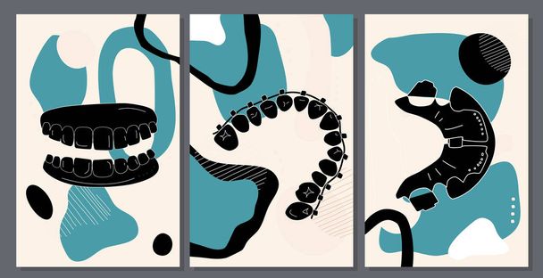 抽象的な背景に歯科機器.半世紀の芸術.リテーナーで手描きイラスト,ブレースとアライナー.口腔疾患の治療.ベクトル - ベクター画像