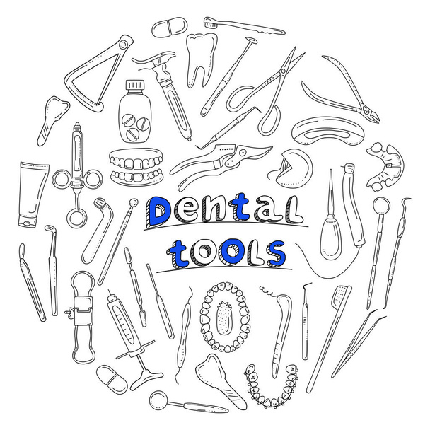 Hammaslääkärin työkalut ja välineet asetettu doodle style.Line art banner.Orthodontic proteesit ja täyttö, poranterä, hoito sairauksien suuontelon ja caries.Medical laitteet purra korjaus - Vektori, kuva