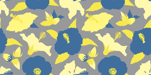 Seamless pattern with modern minimalist blue and yellow hibiscus flowers, buds and leaves. - Vector, afbeelding