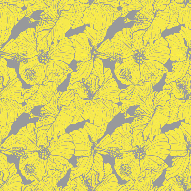 Monochromes, nahtloses Muster mit linearen, gelben Hibiskusblüten, Knospen und Blättern, mit grauen Umrissen. Auf grauem Hintergrund. - Vektor, Bild