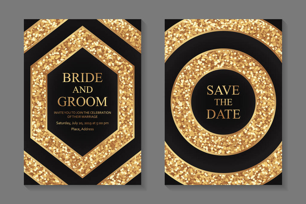 Set van moderne geometrische luxe bruiloft uitnodiging ontwerp of kaart sjablonen voor het bedrijfsleven of presentatie of begroeting met gouden glitter op een zwarte cirkels en zeshoeken. - Vector, afbeelding
