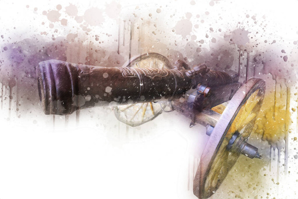 Древняя пушка на колесах, изолированная на иллюстрации - Фото, изображение