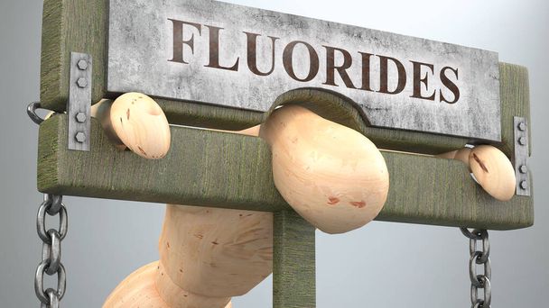 Fluoridy, které ovlivňují a ničí lidský život - symbolizované postavou v pilíři, která ukazuje vliv fluoridů a jak špatný, omezující a negativní dopad má, 3D ilustrace - Fotografie, Obrázek
