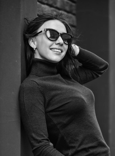 Feel comfortable. Woman wear blouse and sunglasses. Spring collection. Luxury, For Woman Who Deserves It. Warm comfortable clothes. Casual style for every day. Fashionable knitwear. Knitwear concept - Foto, immagini