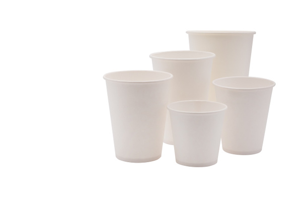 Disposable white paper cups, isolated on white background. Takeaway drinks. - Photo, Image