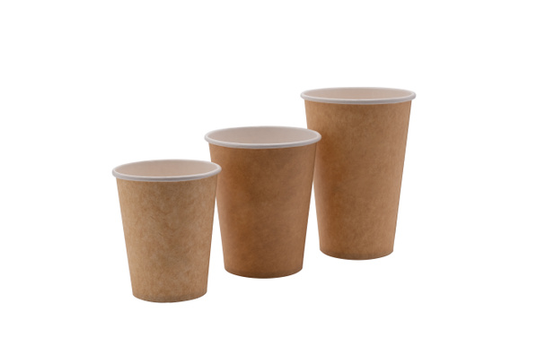 Disposable craft paper cups, isolated on white background. Takeaway drinks. Recycling concept. Zero waste - Photo, Image