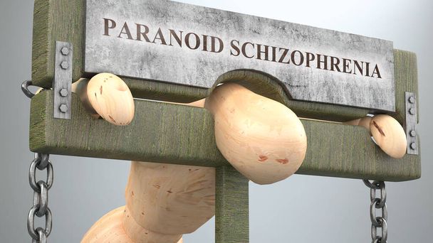 Schizofrenia paranoica che colpisce e distrugge la vita umana - simboleggiata da una figura in gogna per mostrare l'effetto della schizofrenia paranoide e l'impatto negativo, limitante e negativo che ha, illustrazione 3d - Foto, immagini
