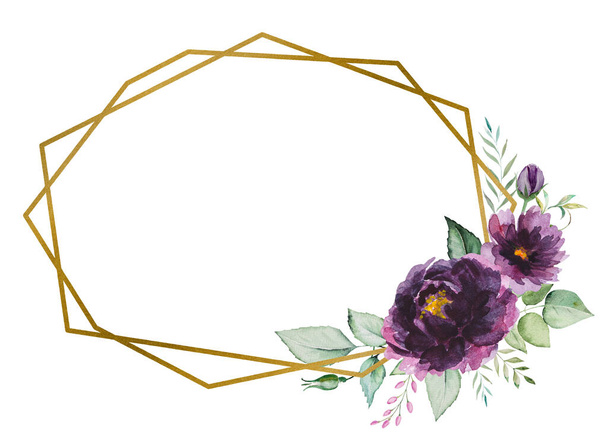 Acuarela flores púrpura y hojas verdes marco ilustración aislado - Foto, imagen