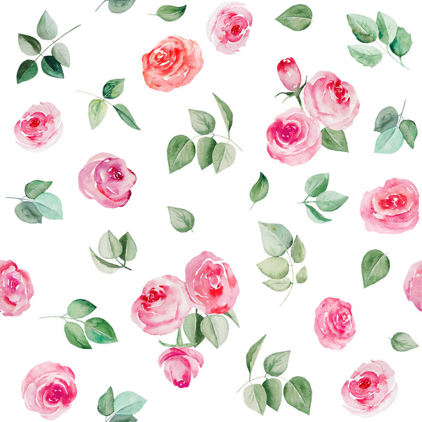 Watercolor pink flowers and leaves seamless pattern illustration isolated - Foto, imagen