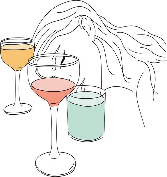 tvář spící dívky a v popředí několik sklenic různých nápojů v okolí  - Vektor, obrázek