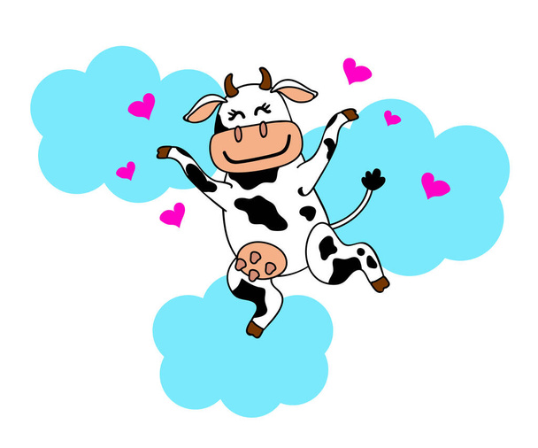 Μια αγαπημένη αγελάδα πετάει στα σύννεφα. Γελοιογραφία. Εικονογράφηση διανύσματος. - Διάνυσμα, εικόνα